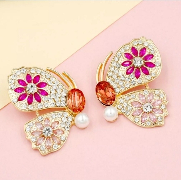Large Retro Gold Plated Muticolor Crystal flower butterfly earrings - Picture 7 of 16